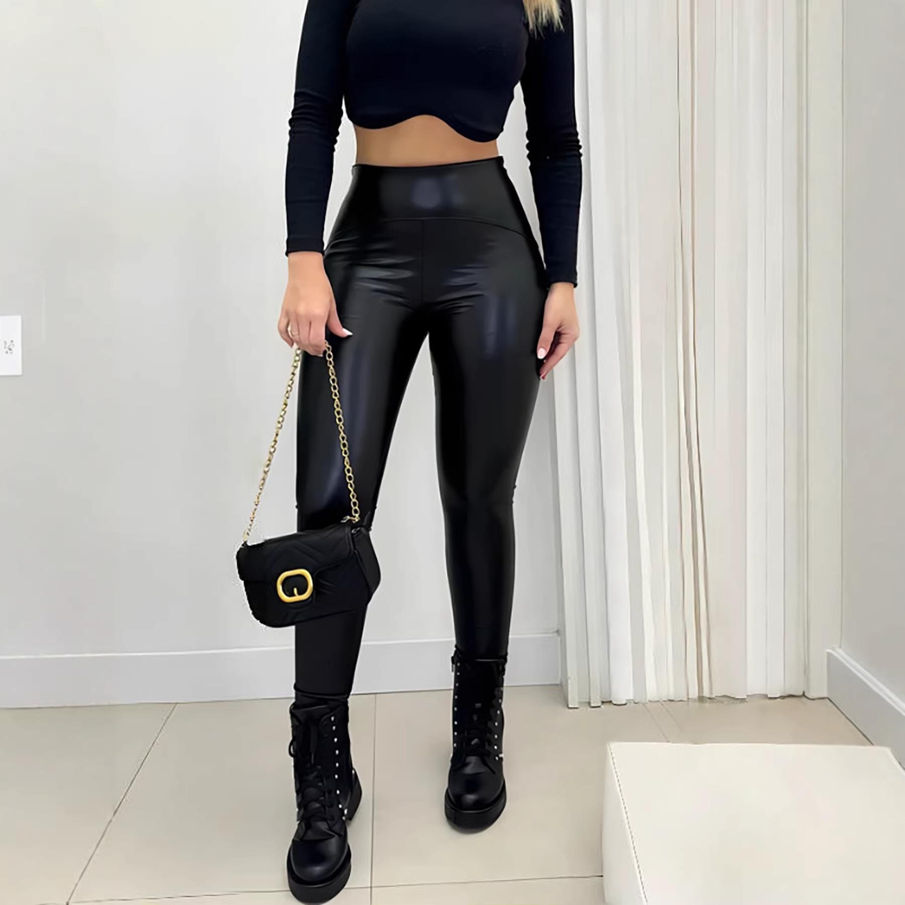 Women s Faux Leather Black High-Waisted Stretch Skinny Pants Large чёрный