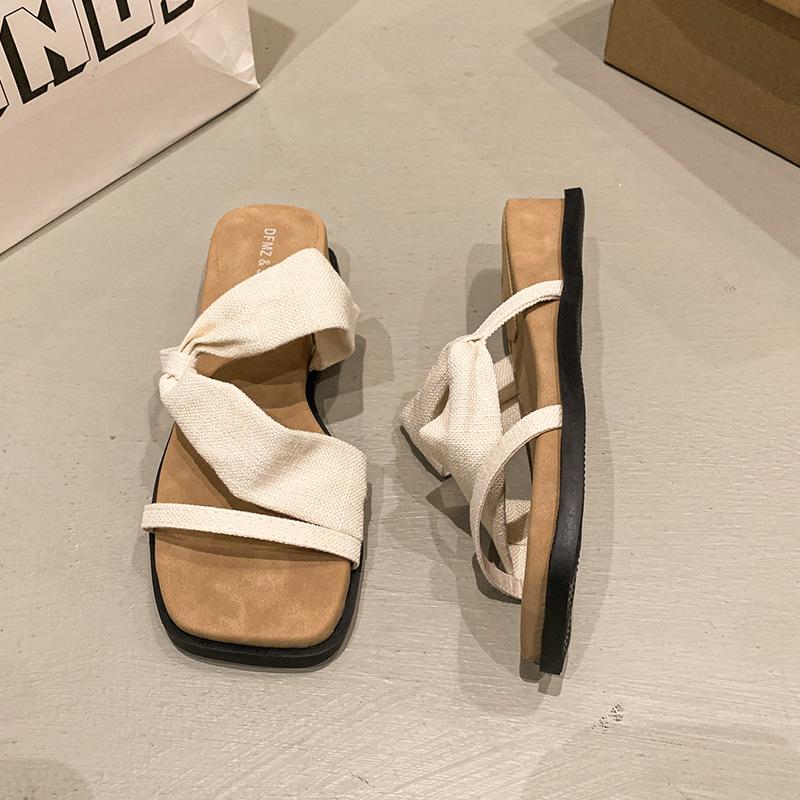 

Summer retro vacation slope heel slippers beach open-toed sandals mop fashion versatile thick-soled cover toe cool slippers 40 бежевый