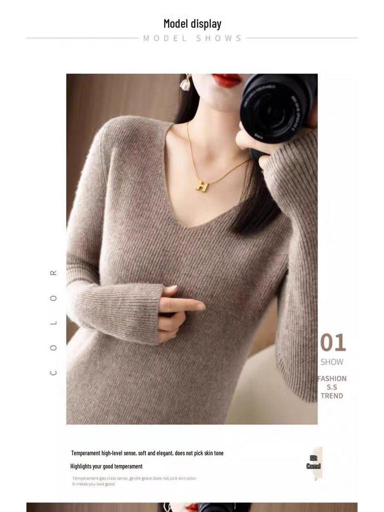 Hengyuanxiang Women's V-Neck Cashmere Sweater Dress - Mid-Length, Long Sleeve, Knitted
