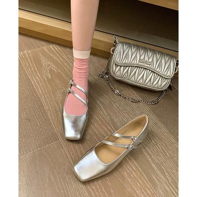 Bandeau carré argenté français mot unique talon bas petite beauté boucle bouche légère Mary Jane chaussures simples pour femmes noir bordeaux tache