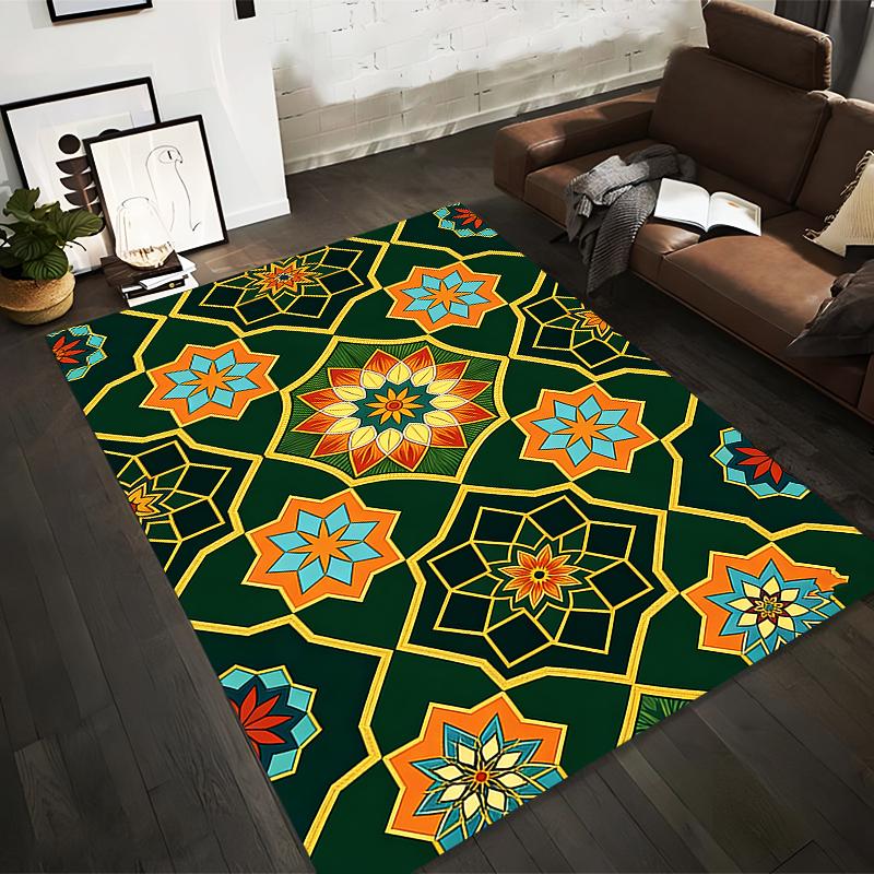 Geometric Pattern Carpet with Vibrant Floral Design In Green and Gold Suitable for Use As an Anti-slip for Living Room Bedroom Sofas