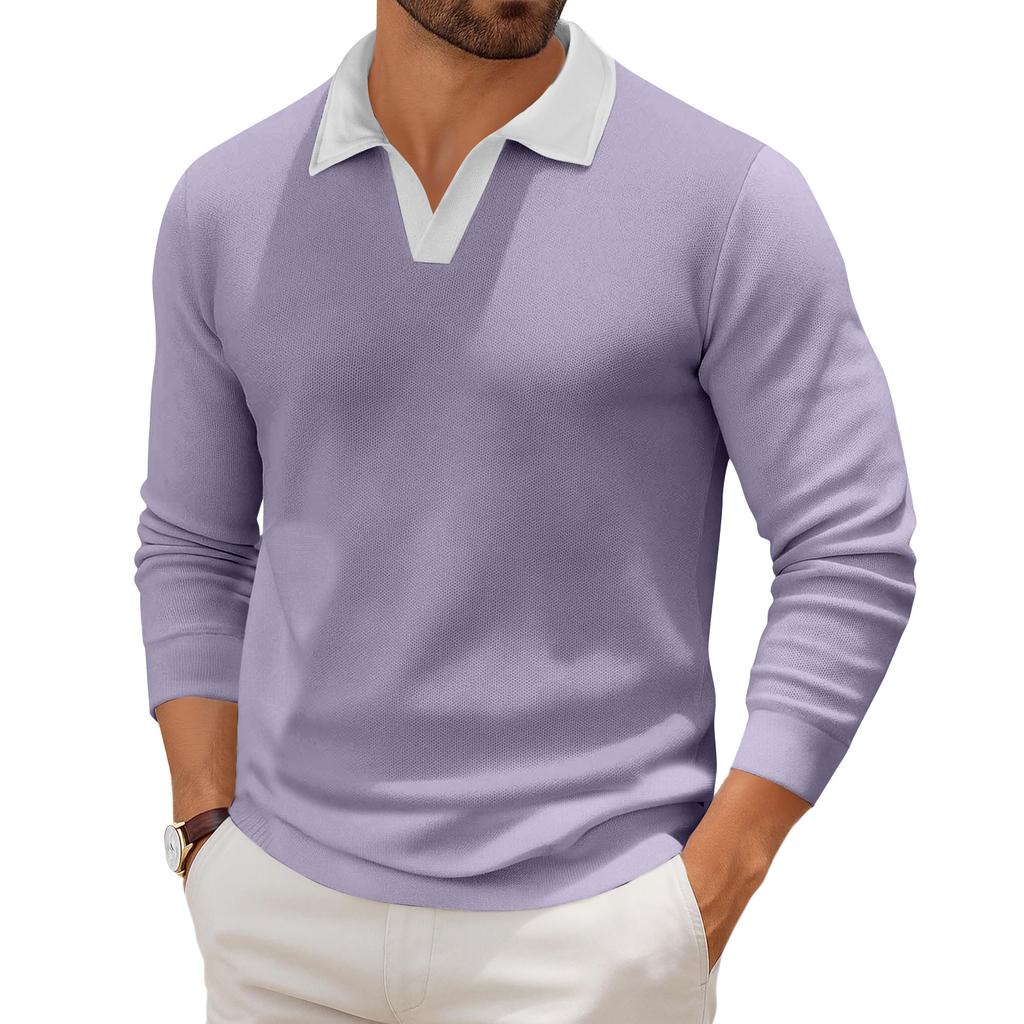 Men's Casual Color-Block Collared Long-Sleeve Knit Base Layer Top