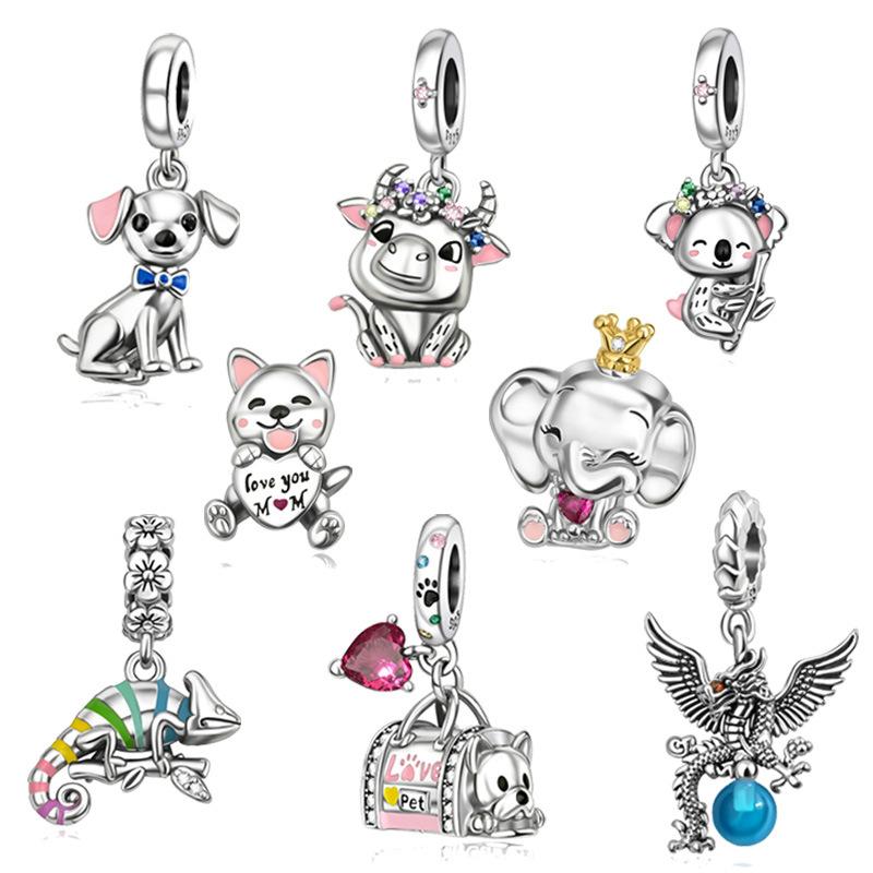 S925 Silver Cute Animal DIY Pendant Charms Set Koala Puppy Elephant Shape Handmade Beaded Necklace Craft Supplies