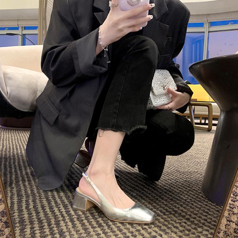 Sheepskin bag head sandals women's summer outer wear square head temperament medium high heel rear empty bag head shallow thick heel single shoes