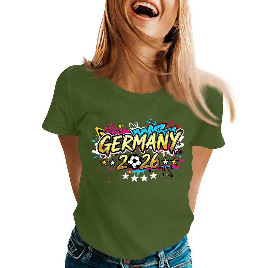 Womens Casual Crew Neck Short Sleeve Pullover T Shirt with Germany 2026 Letter Print Graphic for Soccer Supporters Top