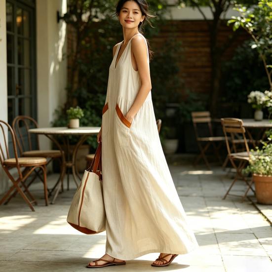 Women Boho Sleeveless Maxi Dress, V Neck Flowy Long Tank Dress, Summer Casual A-line Loose Dress with Pockets