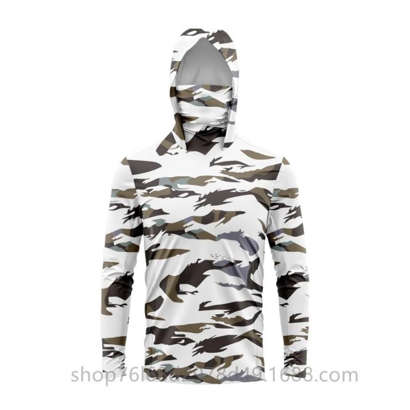 Mens Quick-Dry Ice Silk Long Sleeve Fishing Shirt With Hood Integrated Face Cover UV Protection Outdoor Sunproof Apparel