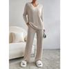 Women's Fall Casual Set: Loose-Fit V-Neck Long-Sleeve Top + Straight-Leg Pants Knit Two-Piece Set