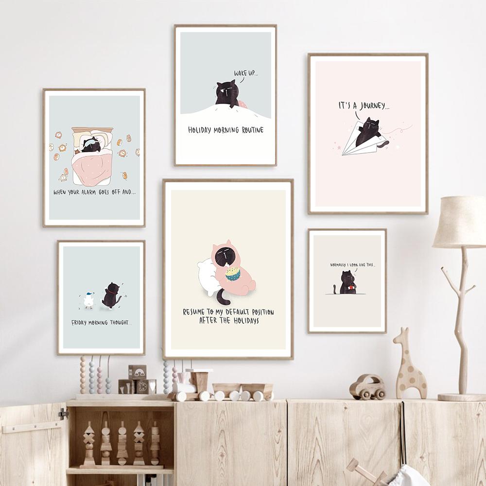 Funny Cute Black Cat Eat Foods Poster Nordic Wall Art Canvas Painting Prints Cartoon Animal Pictures For Living Room Home Decor No Frame
