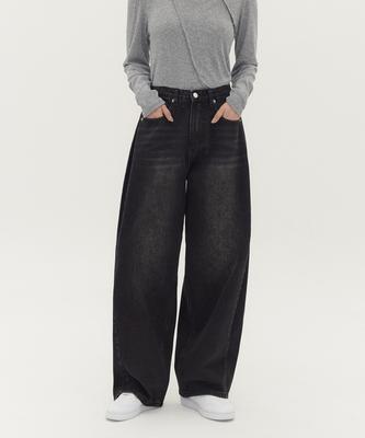 Jinmania Unisex Side Pintuck Balloon Wide Denim Pants (Black)