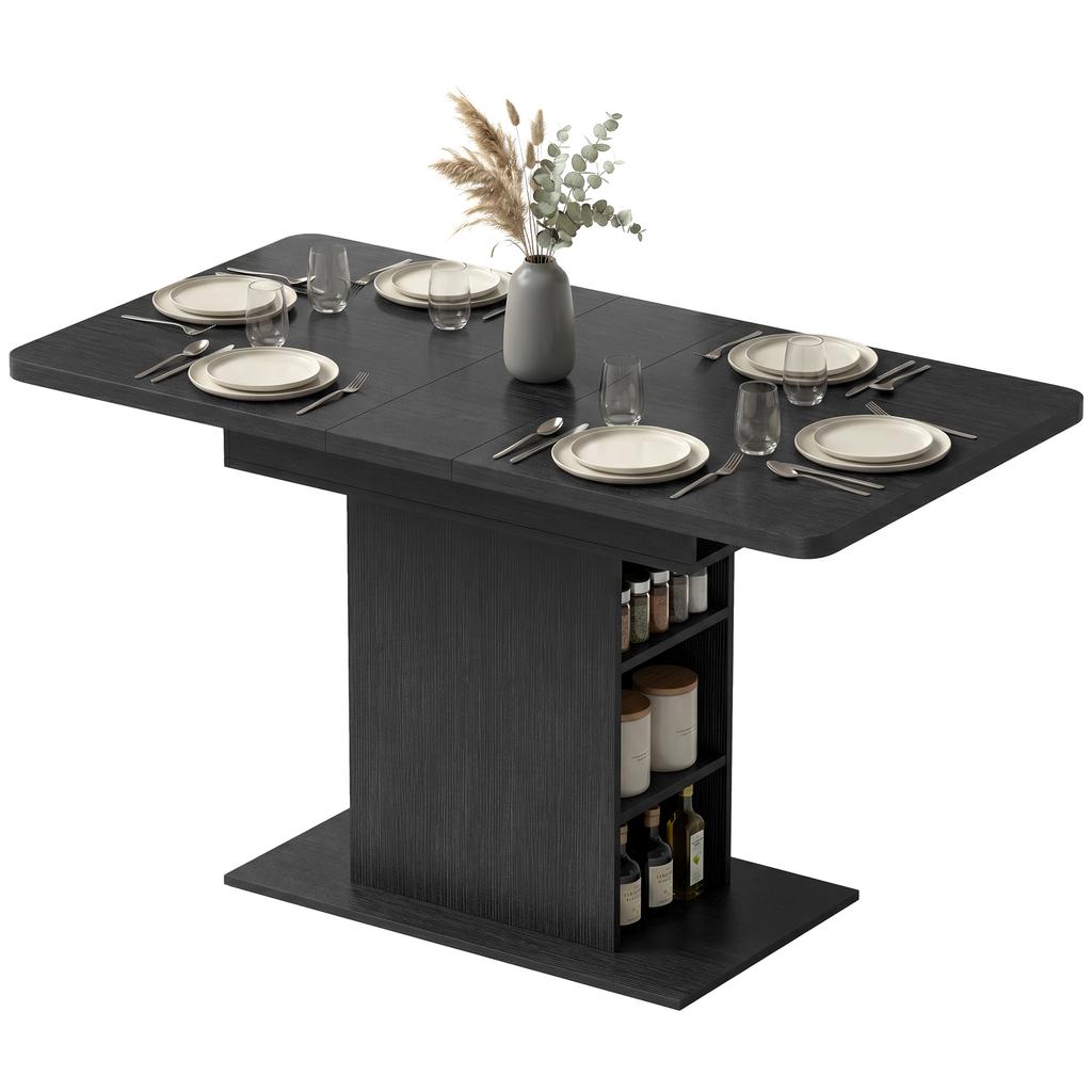 Extendable Dining Table for 4-6 People, 110-130cm Kitchen Table with 6 Open Shelves, Black