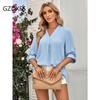 DX-Spring/Summer New Women's Fashion Solid Loose V-neck 3/4 Sleeve Top