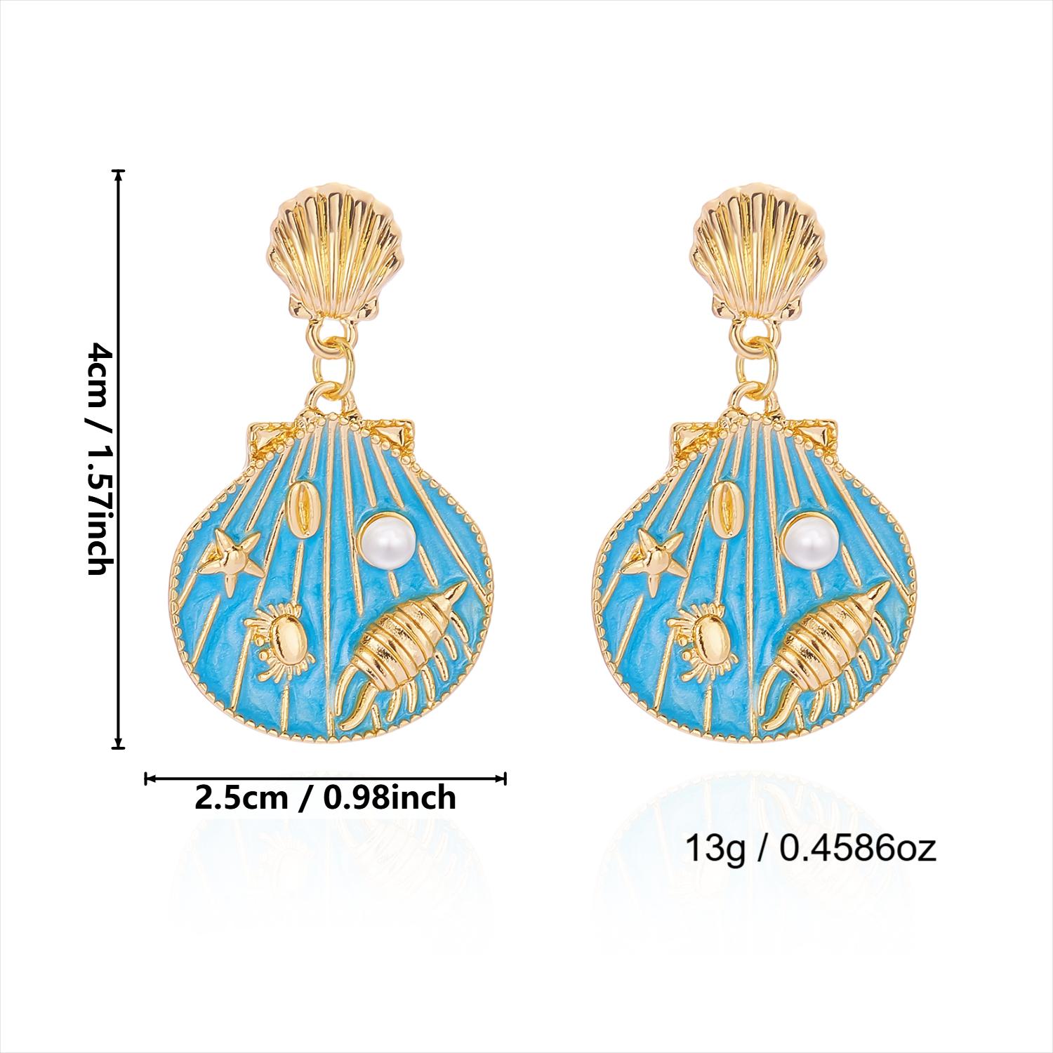 Enamel Shell Starfish Faux Pearl Drop Earrings Ocean Theme Beach Vacation Dangle Earrings Jewelry