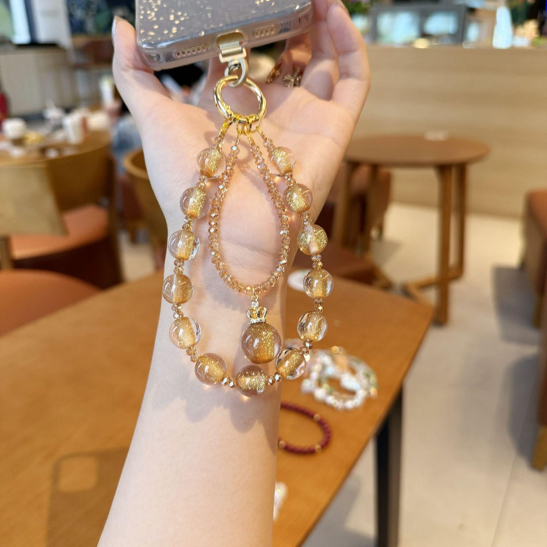 Double-layer Pendant Mobile Phone Chain Keychain Light Luxury Niche Beaded String Acrylic золотой