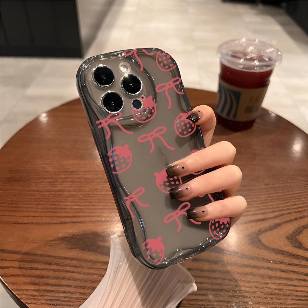 ins wind pink strawberry bow mobile phone case Apple 14Pro fashion girls iPhone17pm anti-drop soft case