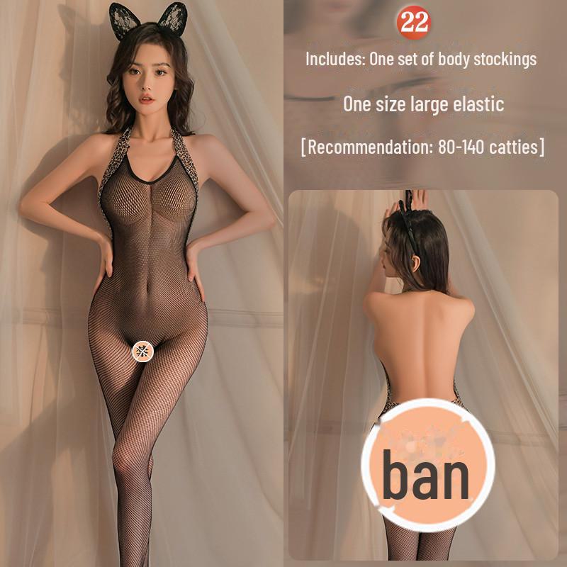 Erotic Black Mesh One-Piece Lingerie Set with Open Stockings - Tempting and Sexy