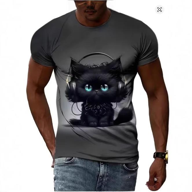 Summer Round Neck 3D Cartoon Cat Print Top Fashionable Casual Short Sleeved Men's T-shirts