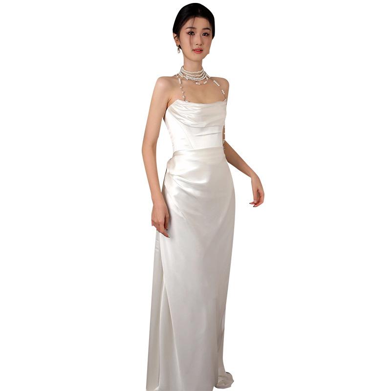 French satin light wedding dress bride simple white tube top Mori welcome out yarn banquet fishtail dress skirt