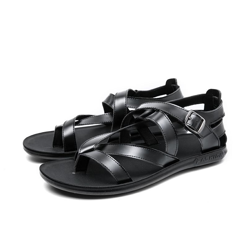 Men Roman Sandals Black White Leather Gladiator Sandals Outdoor Summer Open Toe Beach Shoes