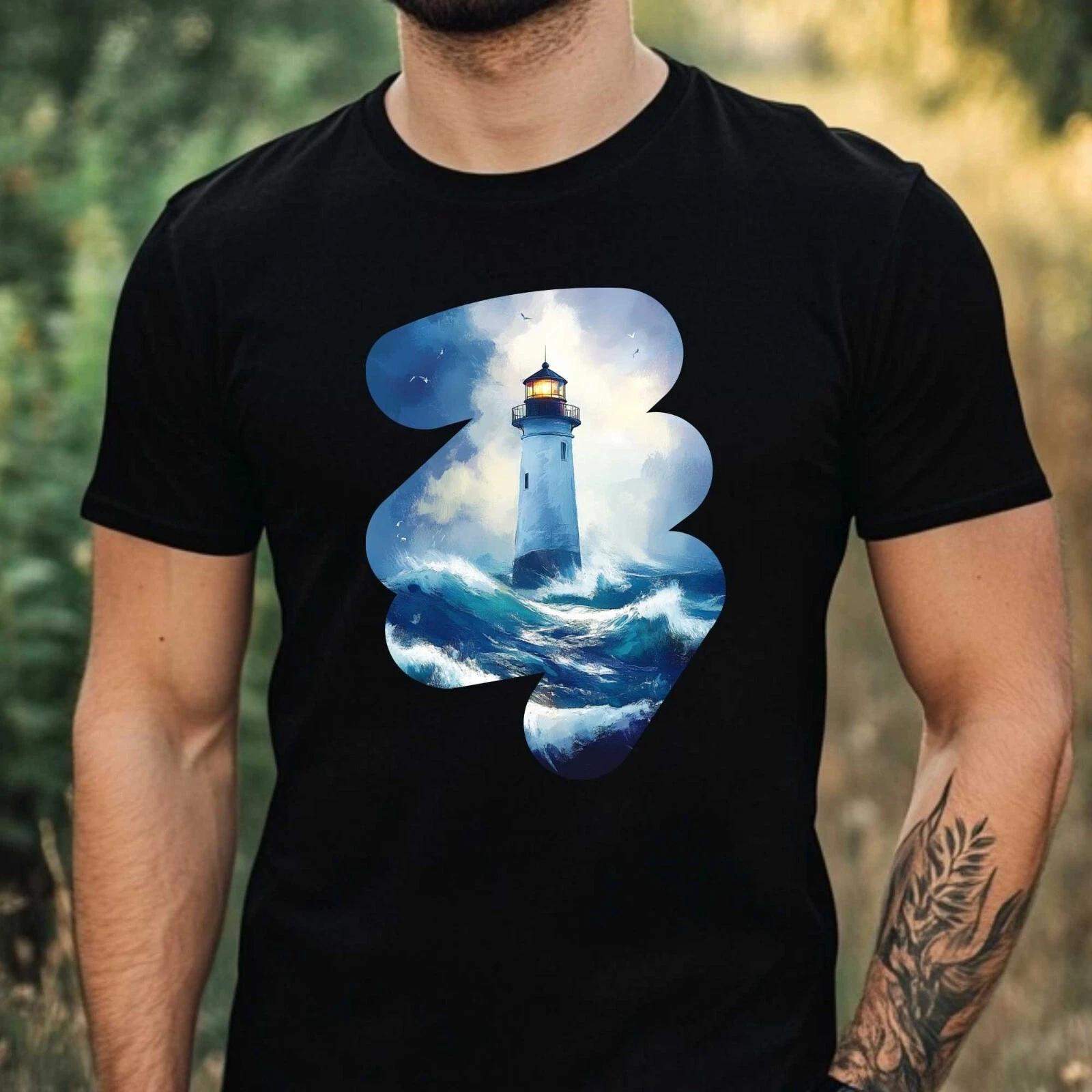 T-Shirt Herren Blauer Leuchtturm Motiv Baumwolle Größe XS bis 5XL L