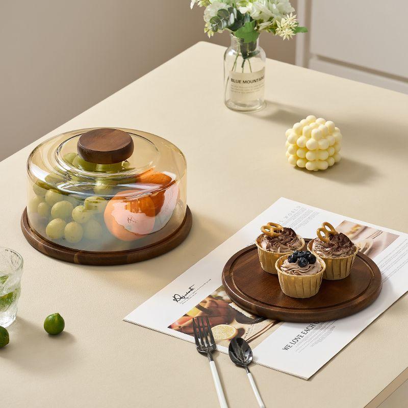 Simple Acacia Wood Round Cake Tray Transparent Display Dessert Bread Plate Home Living Room Glass Cover Snack Fruit Plate Decor