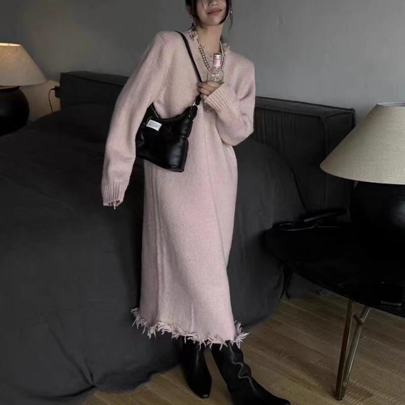 Autumn and Winter New Loose and Thin Lazy Wind Sweater Women's Medium and Long Solid Color Pullover Knitted Dress