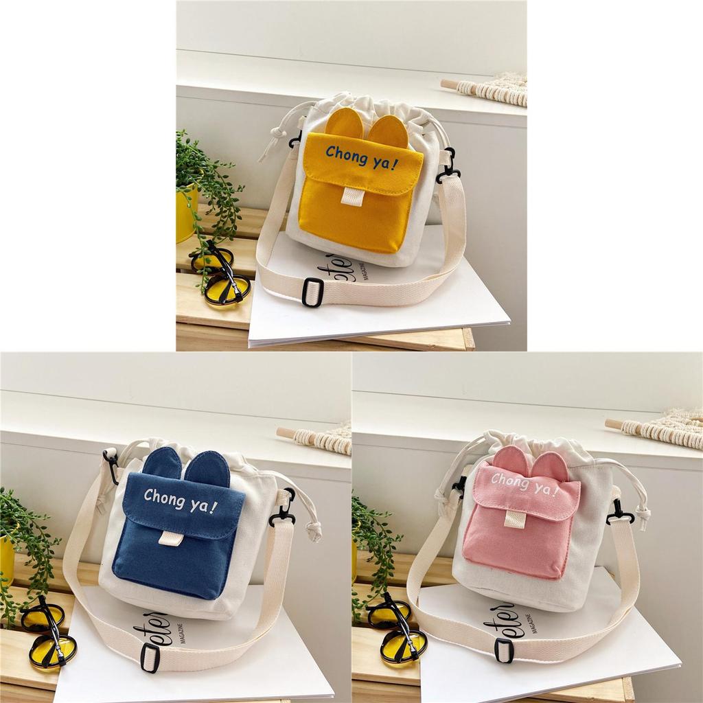 Cute Small Canvas Bucket Bag With Drawstring Closure For Daily Use Girls