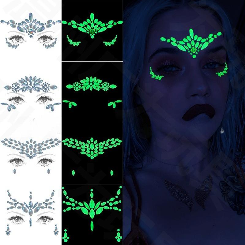 New Diamond Face Stickers Luminous European and American Halloween Face Tattoo Stickers Explosive Eye Stickers Eyebrow Stickers 4 Combinations