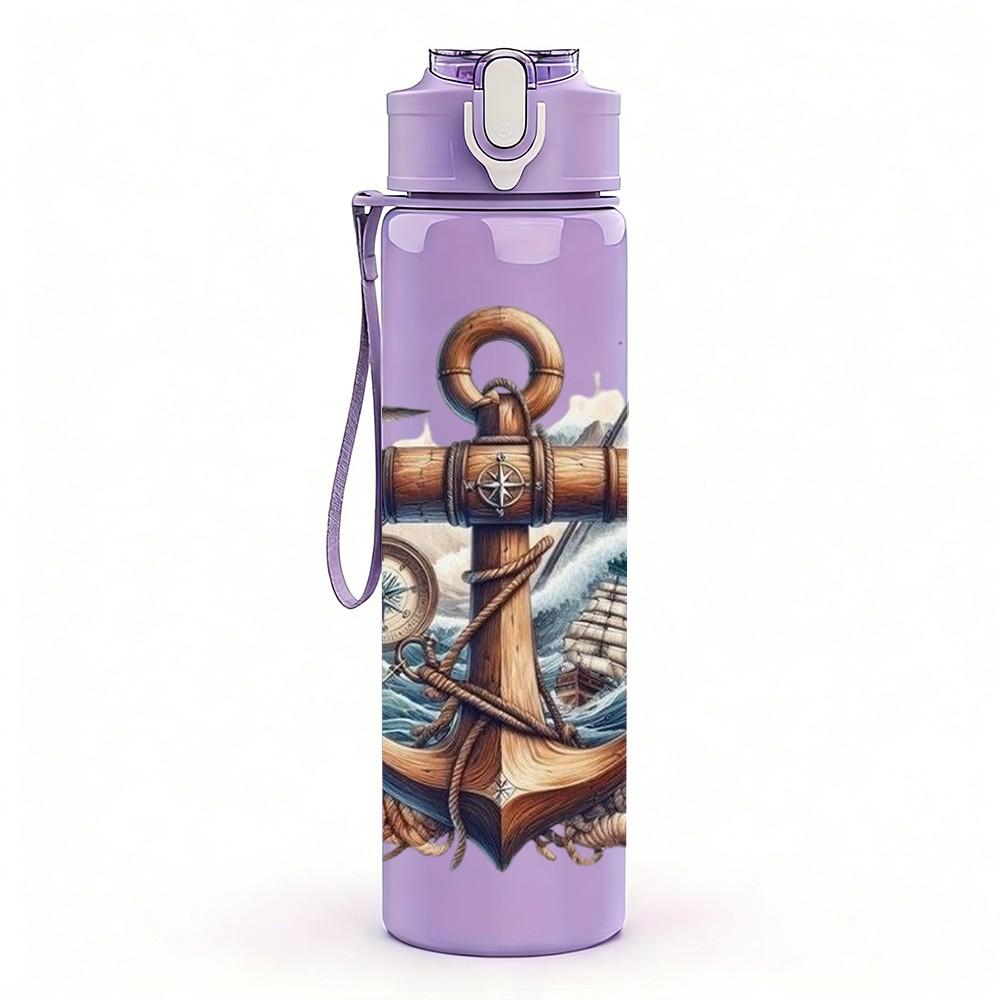 1PC Anchor Rose Nautical Pattern 750ml Color Plastic Sports Water Bottle Leakproof Flip Straw Lid Suitable for Sports Office Home Use