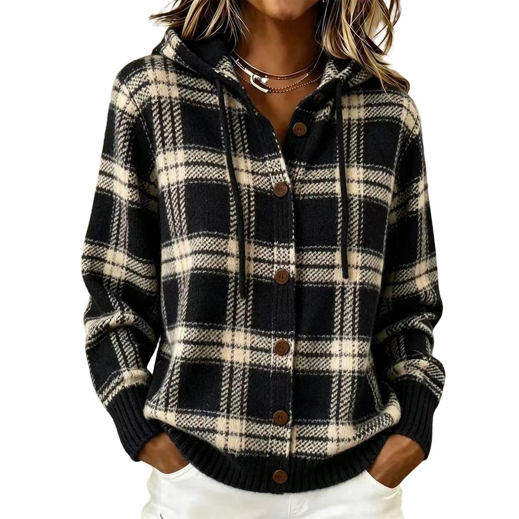 Women's Casual Loose Fit Plaid Hooded Long Sleeve Cardigan Sweater for Fall and Winter