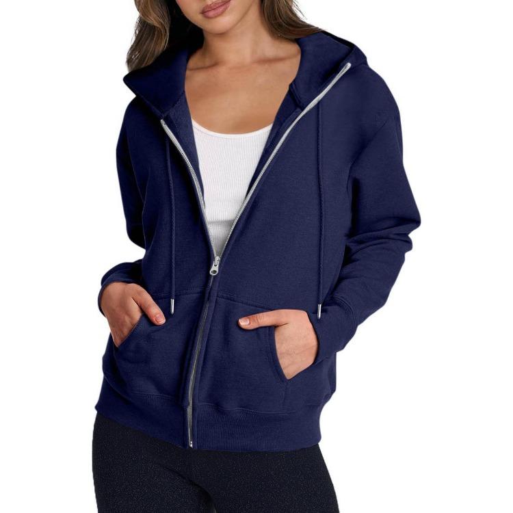 

Fashion Hooded Sweatshirt for Women Casual Long Sleeve Zippered Solid Color Pullover S темно-синий