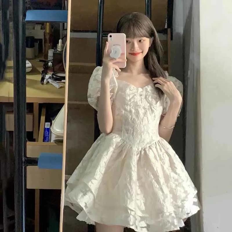 Summer new jacquard doll skirt bubble sleeve dress retro college style sweet splicing square neck princess dress