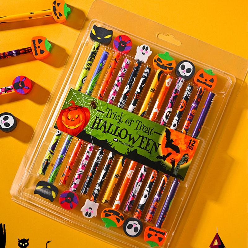 12Pcs Creative Cartoon Halloween Pencils Cute Students Stationery Hb Black Write Draw School Boxed Pen Gift