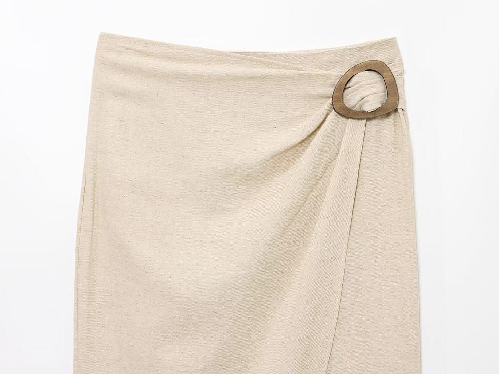 2025 Summer Women's Linen Set: Short Top with Buckle Detail & Midi Skirt