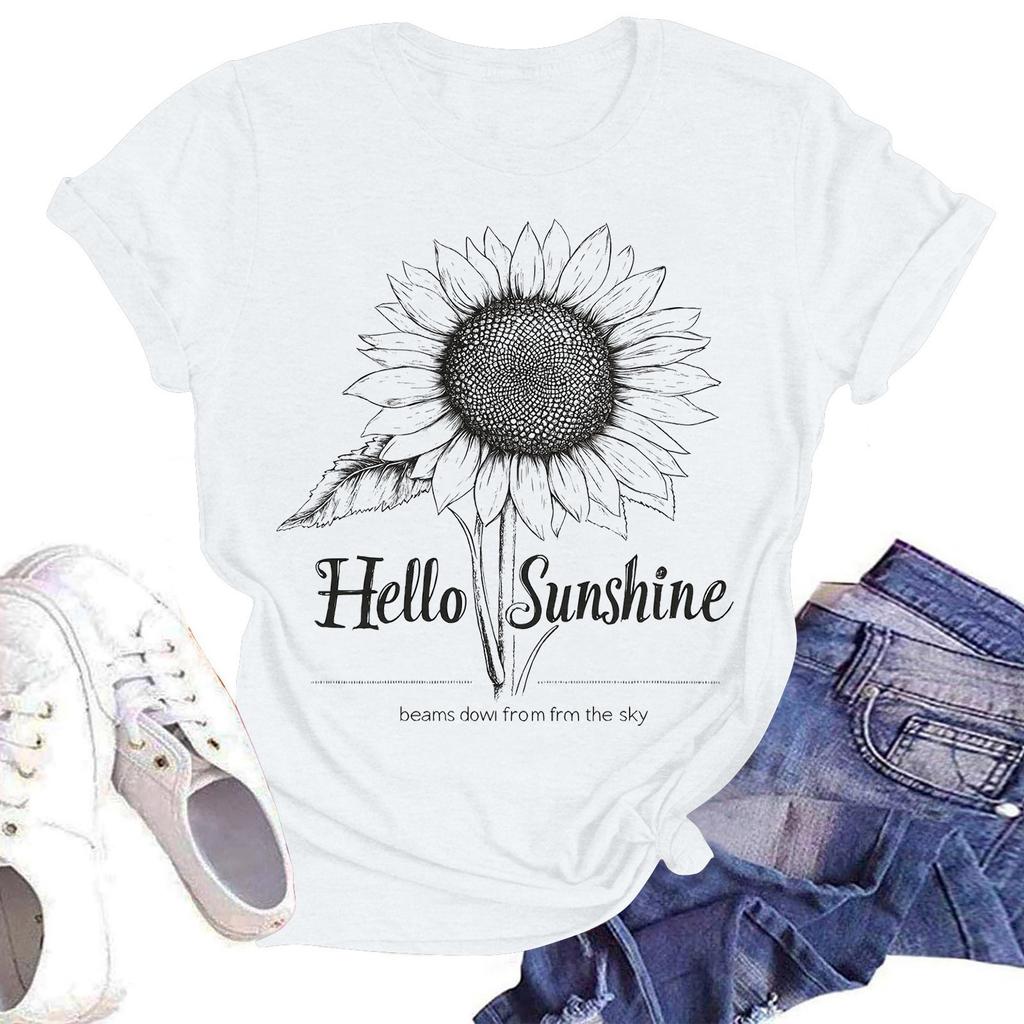 Women's Casual Fashion Street Slim Short Sleeve Sunflower Printed T-Shirt Top