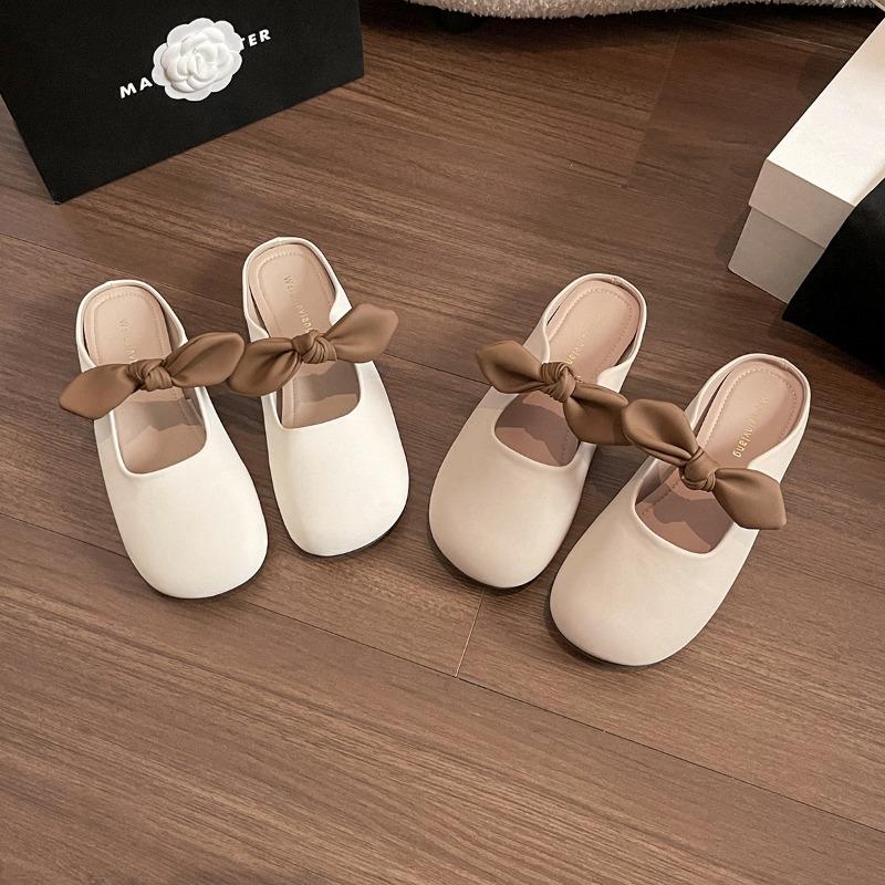 Baotou Slippers for Women Soft-soled Summer Flat-bottomed Bow One-foot Half-support Single Shoes