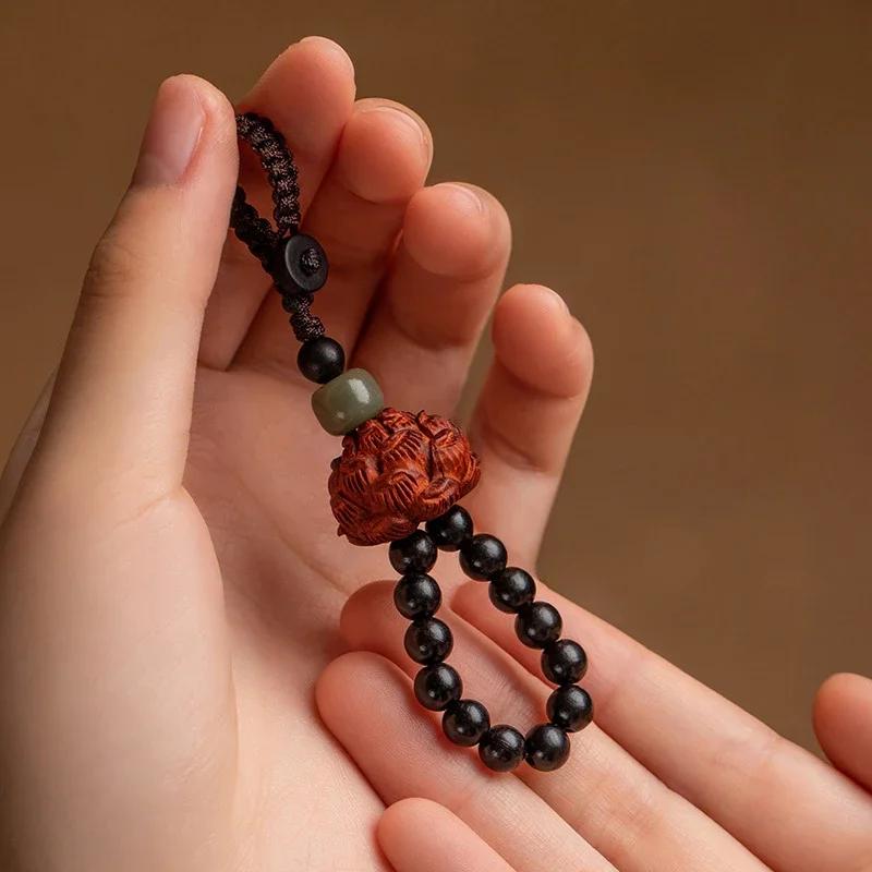 Buddhism Lotusblomma Nyckelring Tillbehör Trä Buddha Lyckobringande Pärlor Nyckelring Jadepärla Telefonamulett Väskspänne Kinesisk Charm