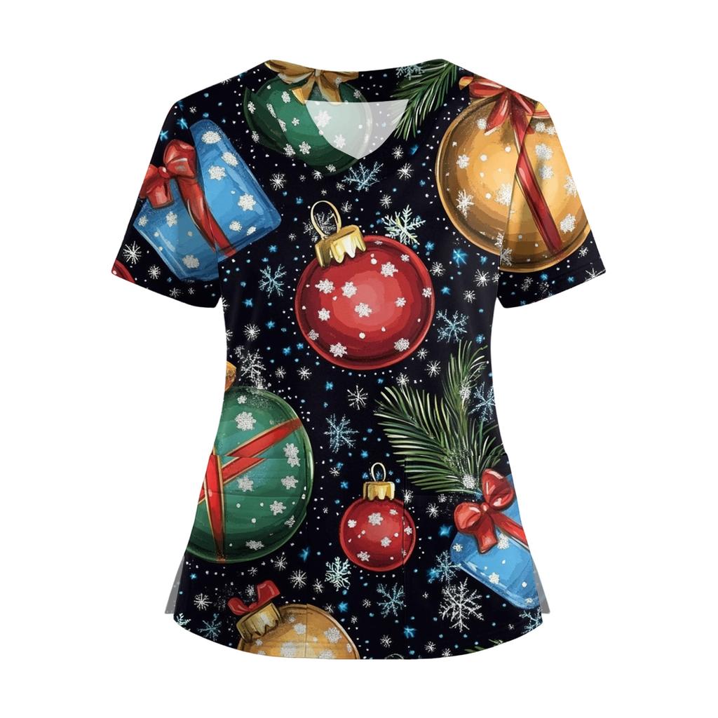 Women's Short Sleeved Christmas Printed V-neck Buttonable Side Slit Top T-shirt