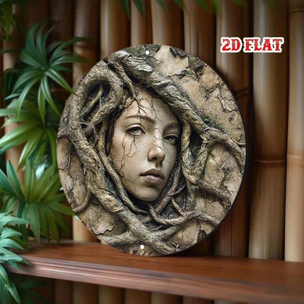 Retro Round Metal Tin Sign 7.8 Inch Stone Face Wall Art Nature Roots Design Frameless Home Decor