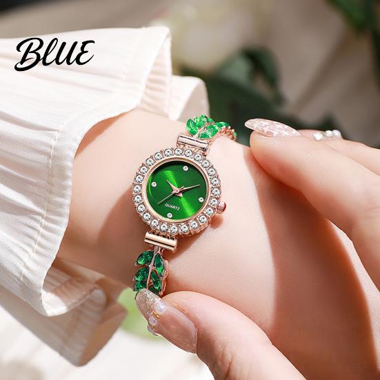 Quartz Movement Watch Women Rhinestone Leaf Round Dial Ladies Casual