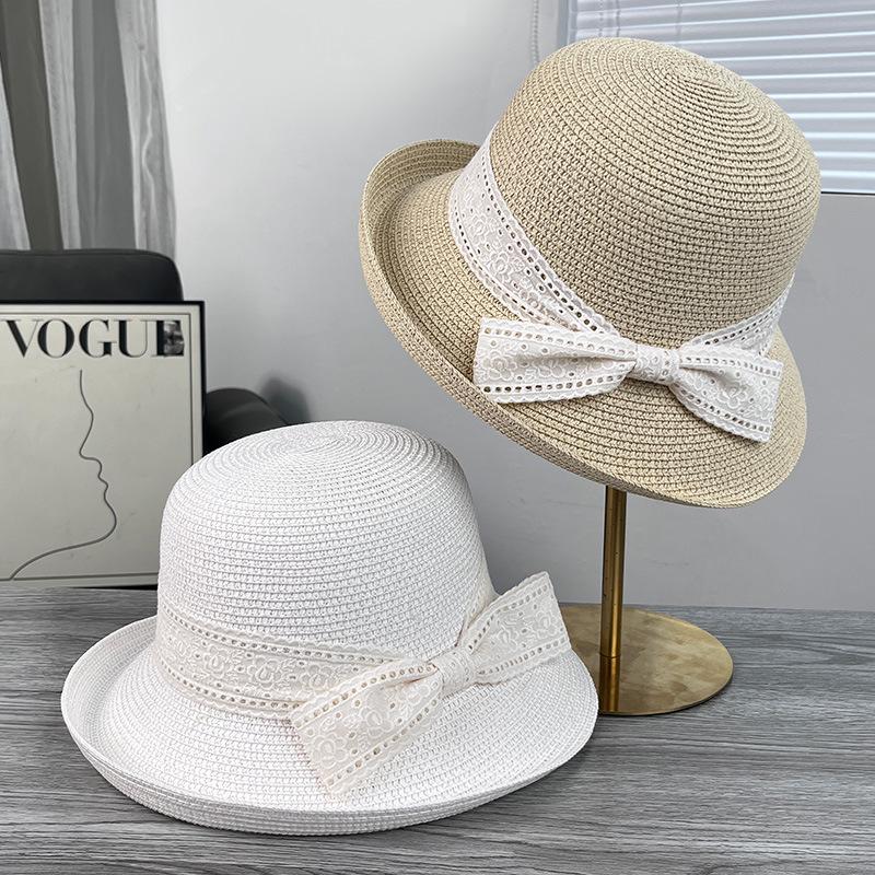 French Elegant Lace Bow Curled Edge Straw Hat Women's Spring and Summer Fashion Sunscreen Sun Hat Seaside Vacation Wind