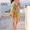 Resort Wear Cover Up Dress Slit Irregular Hem Feather Print Beach Multiway Skirt Breathable Lightweight Sun-Resistant Quick-Drying Swimwear Outerwear