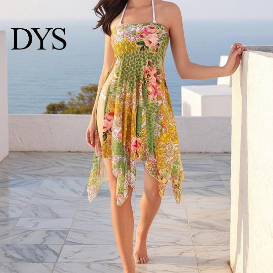 Resort Wear Cover Up Dress Slit Irregular Hem Feather Print Beach Multiway Skirt Breathable Lightweight Sun-Resistant Quick-Drying Swimwear Outerwear