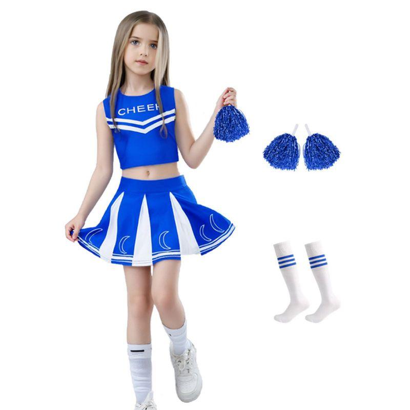 4-12 Years Kids Girls Cheerleader Costume Set Sleeveless Top Skirt Pompoms and Socks