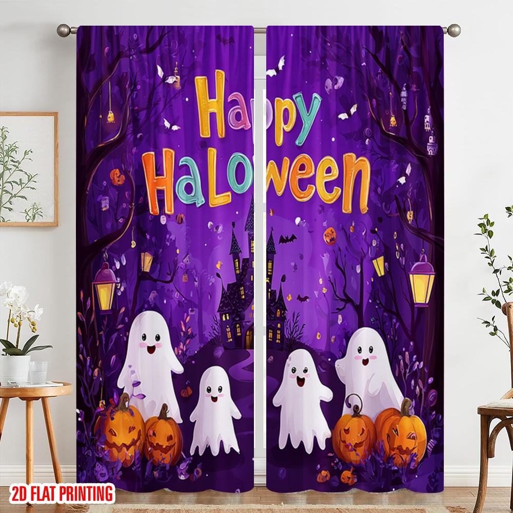 2pcs,2D Plane Printing Curtains&Window Treatment Ghosts_ Pumpkins_ and Bats Versatile 100% Polyester (without Rod) Room Decor