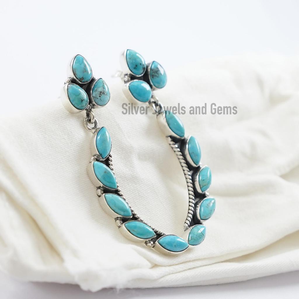 Natural Turquoise Stud Earrings, Long Handmade Earrings, 925 Sterling Silver Earrings, Birthday Earrings, Multi Stone Earring