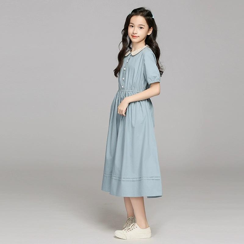 Summer Kids Student Waisted Party Dresses Child Clothes Teens Girls Daily Wear Button 4-12 Year
