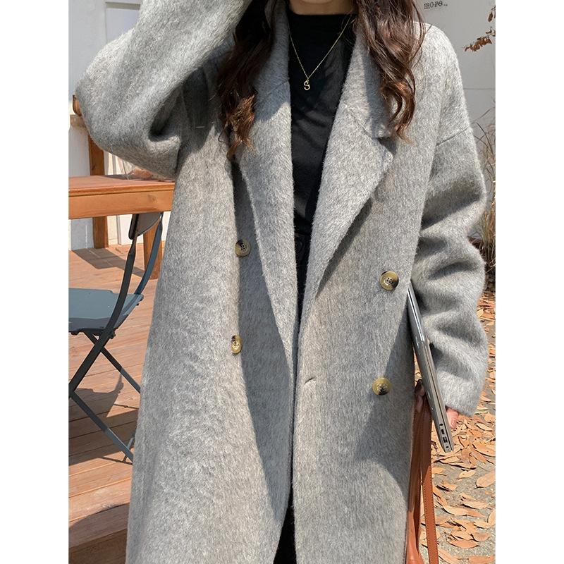 Q576 Albaka camel wool double-sided hand-sewn coat women, long-haired suit collar double-breasted woolen coat