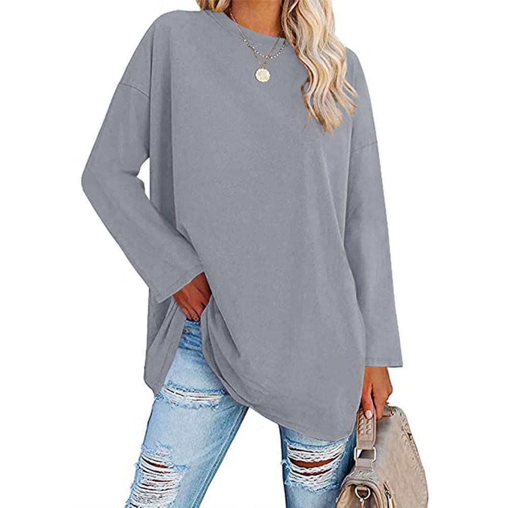 T-shirt Taglia Grande Monocolore, Top Casual a Maniche Lunghe Girocollo Primavera e Autunno, Abbigliamento Taglia Grande da Donna