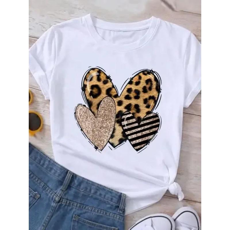 2024 Women's Round Neck Short Sleeve T-Shirt Love Pattern Top Women's Casual T-Shirt Y2K Fashion Breathable Short Sleeve